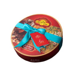 Round box of Sohan Gol Saediniya sugar-free sweets, wrapped with a turquoise ribbon and a red tag