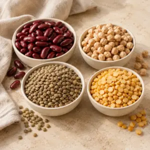 Bowls of red kidney beans, chickpeas, green lentils and yellow split peas.