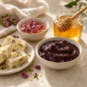 Honey, plum butter, rose-petal jam and pistachio sesame halva.
