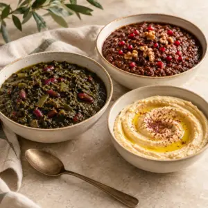 Serving bowls of meatless ghormeh sabzi, walnut and pomegranate sauce, and hummus.