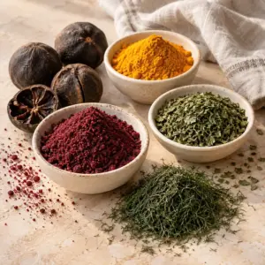 Sumac, turmeric, dried mint, dill and dried black limes in ceramic bowls.