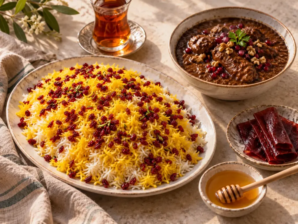 Persian saffron rice with barberries, walnut and pomegranate stew, tea, honey and pomegranate lavashak.