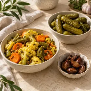 Mixed vegetable torshi, pickled cucumbers and pickled garlic in ceramic bowls.