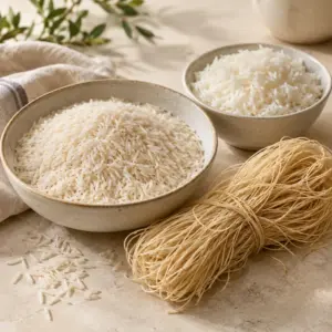 Long-grain rice, cooked white rice and thin Persian noodles on a light stone table.