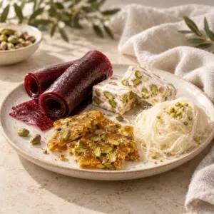 Lavashak fruit leather, pistachio gaz, sohan brittle and pashmak.