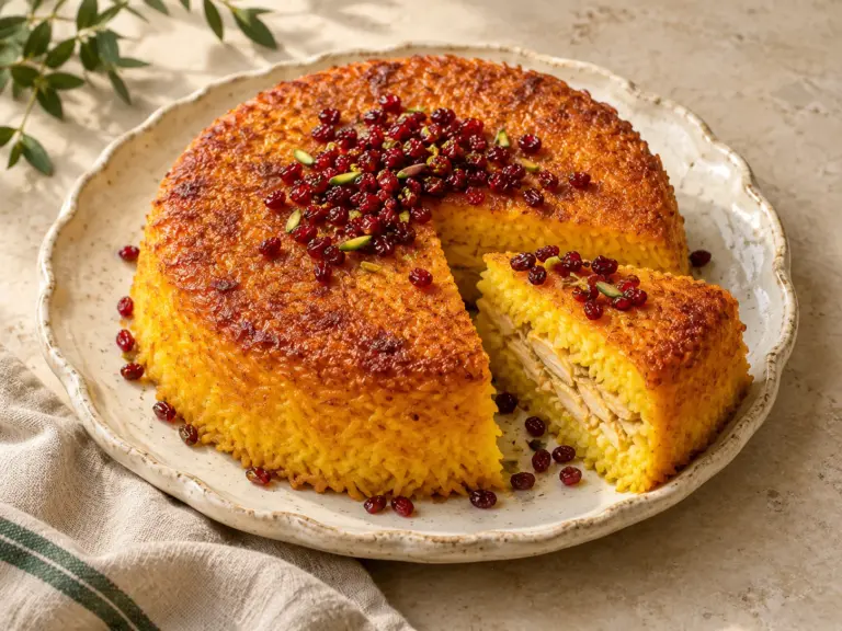 Tahchin, golden Persian saffron rice cake garnished with barberries