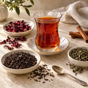 Amber tea with loose black and green tea, dried hibiscus and cinnamon.