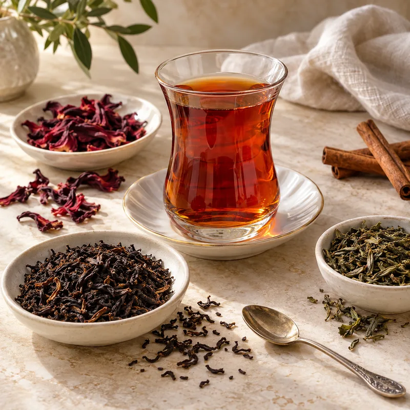 Amber tea with loose black and green tea, dried hibiscus and cinnamon.